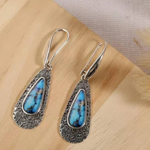 Boho Dangle Drop Earrings Metal Carved Pattern 925 Silver Plated Lightweight - Picture 2 of 7